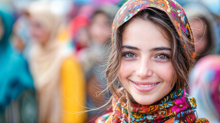 Fototapeta premium A young woman with long brown hair smiles at the camera while wearing a colorful headscarf in a crowded setting
