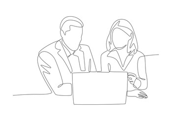 Two colleagues are discussing a briefing. Business briefing concept one-line drawing