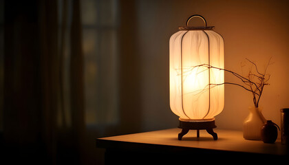 A delicate lamp with a paper lantern shade, casting a soft and diffused light, perfect for creating a calming atmosphere.