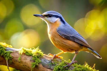 Vibrant Eurasian Nuthatch perches on a curved tree branch, its intricate plumage glistening in the sunlight, showcasing its striking colors in a serene woodland setting.