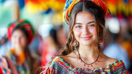Fototapeta premium A young woman wearing vibrant, traditional clothing smiles for the camera