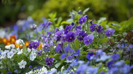 Detailed view of a spring garden with clusters of cheerful violets, their purple and white blooms adding a touch of elegance and charm.