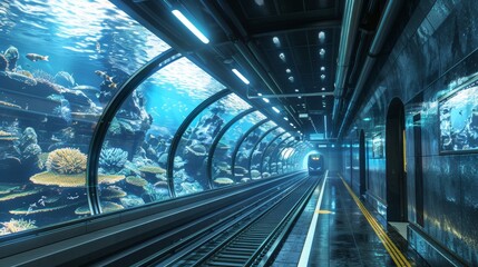 Fototapeta premium Oceanic Velocity Subterranean Bullet Train Surrounded by Aquatic Wonders