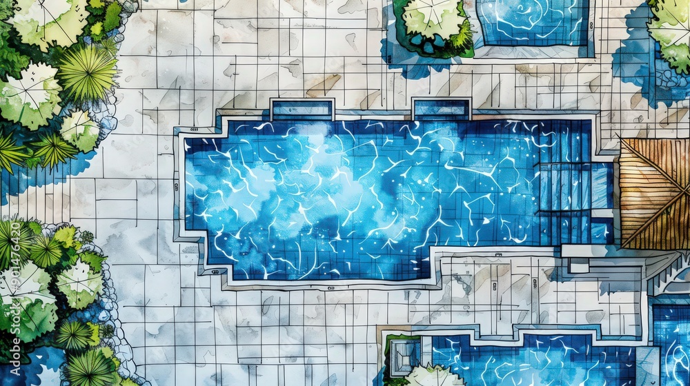Poster diagram of a blueprint for a residential pool area, showing pool design, surrounding decking, and re
