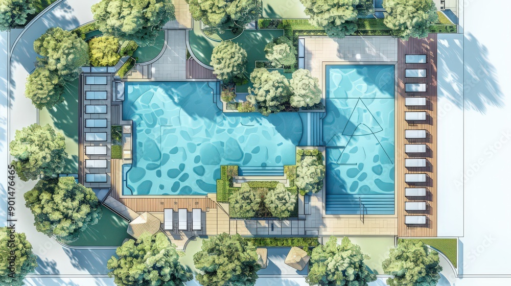 Poster diagram of a blueprint for a residential pool area, showing pool design, surrounding decking, and re