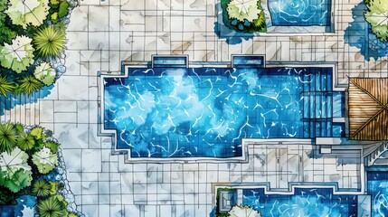 Diagram of a blueprint for a residential pool area, showing pool design, surrounding decking, and recreational spaces.