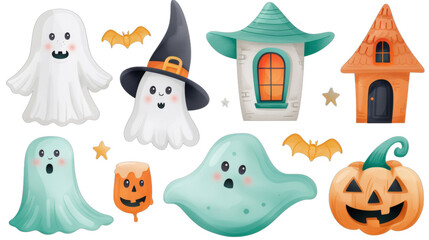 A collection of Halloween themed cartoon characters including ghosts, bats
