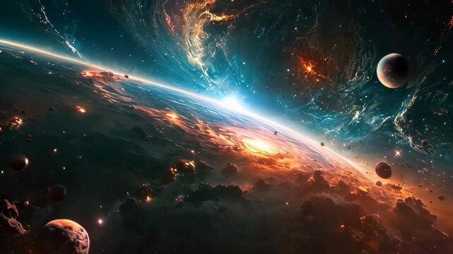 Video footage of vibrant and dynamic celestial scene. bright comet or meteor streaks across the star filled sky, leaving a luminous trail behind