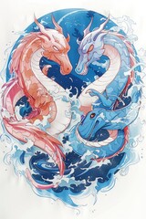 Fototapeta premium Yin Yang Dragons in a Heart Shape