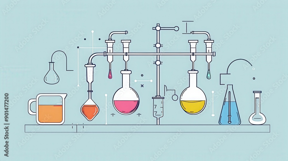 Poster diagram of a chemistry experiment involving titration, showing the setup of burettes, titrants, and 
