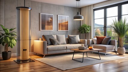 Fototapeta premium Cozy modern living room with sleek electric infrared heater radiating warm ambiance, surrounded by contemporary furniture and soft lighting, evoking a sense of comfort.