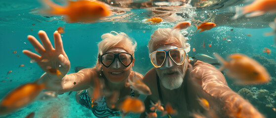 Senior Couple Snorkeling in Tropical Waters Surrounded by Colorful Fish