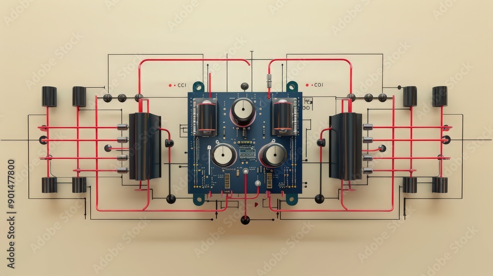 Poster diagram of a differential amplifier circuit, highlighting how it amplifies the difference between tw
