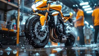 Fototapeta premium Yellow Motorcycle in Wet Garage Environment
