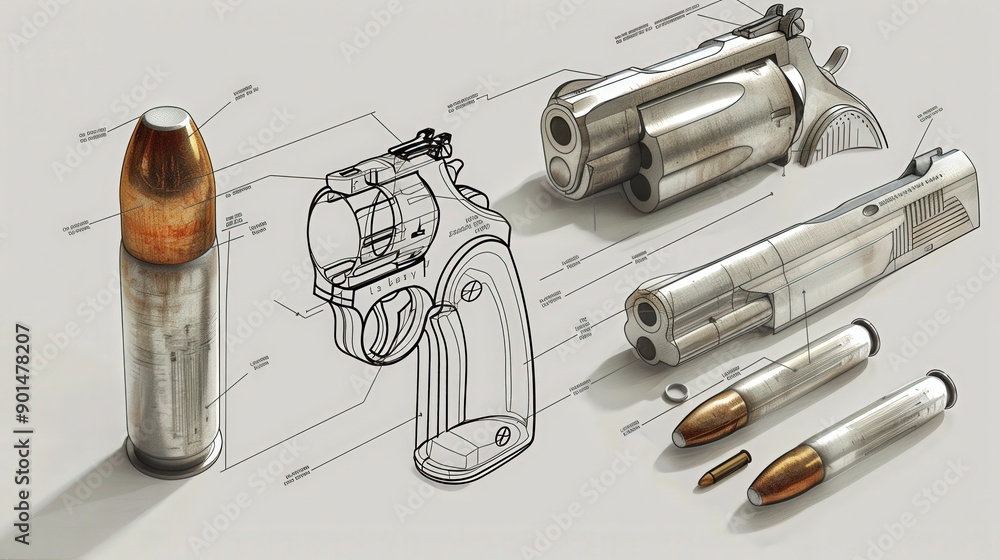 Poster diagram of a forensic firearms examination, showing the process of matching bullets and shell casing