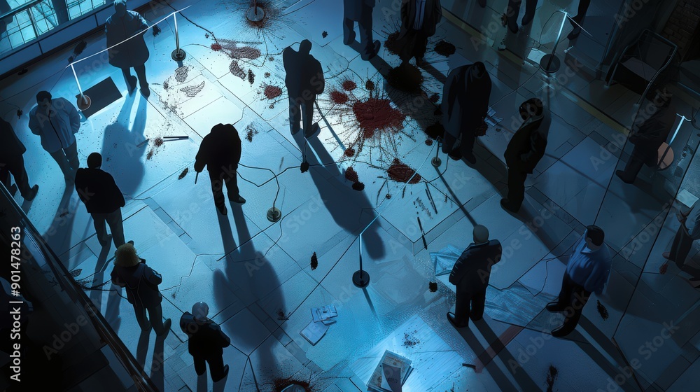 Poster diagram of a forensic scene reconstruction, illustrating how investigators use evidence and expert a