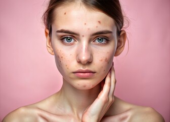 Close-up portrait of a young woman with acne-prone skin, facial imperfections, and blemishes isolated on a soft pastel pink background with ample copy space nearby.