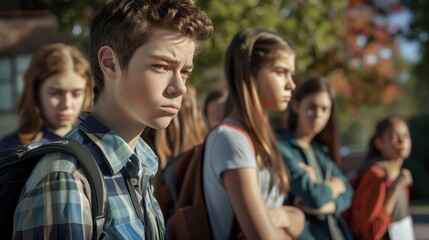 Obraz premium Gloomy Group of Teens In School Yard Expressing Concerns and Emotions
