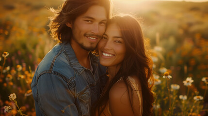 Romantic Couple Smiling in Sunlit Field of Wildflowers at Sunset