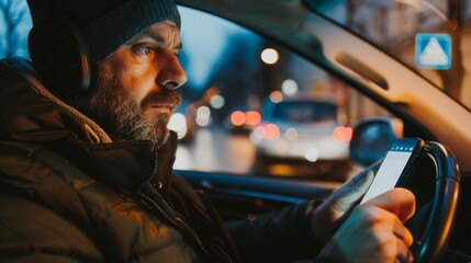 Fototapeta premium Man Using Smartphone While Driving
