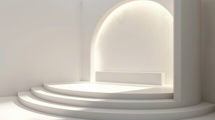 A white room with a curved wall and a white bench