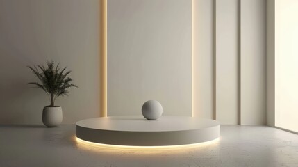 A white room with a white pedestal and a white ball on it