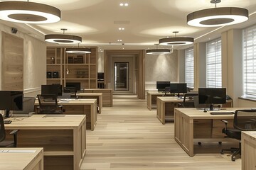 Elegant office space with classic design elements featuring neutral tones and sophisticated lighting creating a professional and timeless work environment.