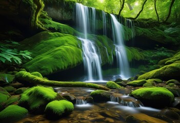 majestic cascade waterfall flowing through lush green forest moss covered rocks dense foliage, stream, river, nature, landscape, vegetation, jungle, plants