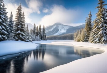 Fototapeta premium snowy landscape frozen snow covered icy water winter scenic view, alpine, arctic, blanket, bright, brisk, calm, clean, clear, crystalline, crisp, dazzling