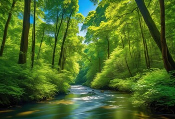 Naklejka premium serene dense forest flowing river surrounded lush greenery tall trees peaceful natural landscape, nature, woodland, foliage, water, stream, wild, vegetation