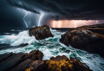 Obraz premium dramatic stormy sky looming over rugged coastline crashing waves jagged rocks, ocean, sea, horizon, clouds, wind, spray, cliffs, shoreline, surf, foam, nature