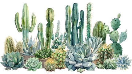 Watercolor artwork featuring a variety of cacti and succulents, isolated on a white background with descriptive text.