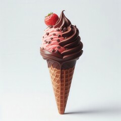 Indulge in a Delicious Strawberry Chocolate Ice Cream Cone with Whipped Cream and Waffle Cone
