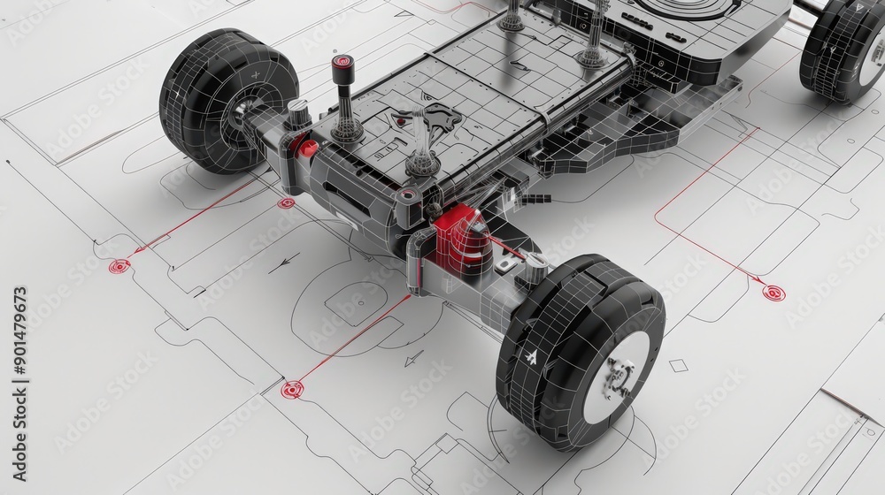 Poster diagram of a mobile robot with wheels, depicting its drive system, sensors, and control mechanisms f