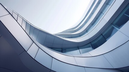 Obraz premium Modern architecture with sleek curved lines and glass facade, showcasing contemporary design and urban aesthetics in a dynamic cityscape.