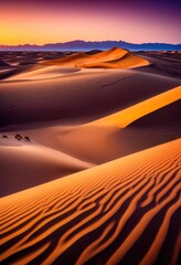 Naklejka premium vibrant sunset casting golden hue over rolling sand dunes creating serene desert landscape, sky, sunlight, evening, light, shadows, orange, yellow, red