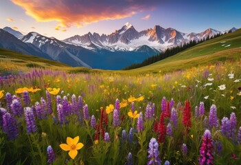 Obraz premium expansive wildflower meadow vibrant blooms distant majestic mountains background, flowers, nature, landscape, field, scenic, greenery, flora, beauty