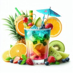 Refreshing Tropical Cocktail with Colorful Fruit Garnishes and Ice for Summer Vibes
