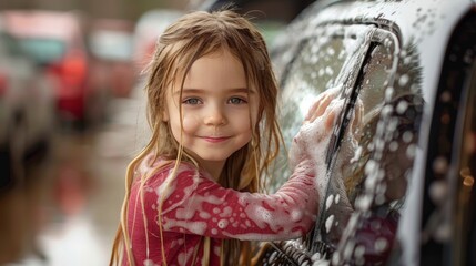Young Girl Washing Car