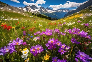 Obraz premium pristine alpine meadow colorful wildflowers snow capped mountains springtime, nature, landscape, greenery, grass, blue, sky, blossom, flora, fauna, scenery