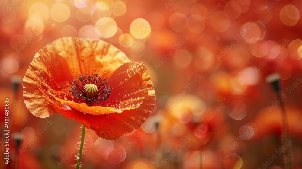 Sticker blooming poppy in sunlit field