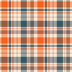 Blue and orange plaid seamless pattern. Checkered texture for fabric, gingham pattern. Lines endless background for textile. Stripes pattern design.