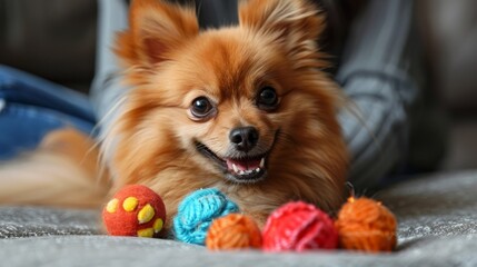Cute Pomeranian Dog with Colorful Balls