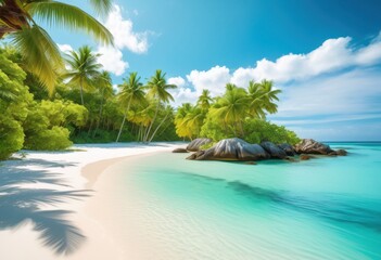 breathtaking tropical coastline pristine turquoise lush white sandy beach under clear blue sky, water, greenery, palm, tree, wave, shore, exotic, paradise, sun