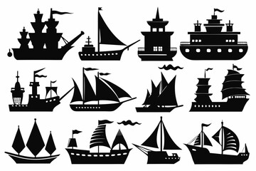 hip black silhouette vector set,Ship and marine boat black silhouette set. 