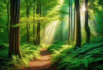lush dense forest illuminated sunbeams filtering through tall trees green foliage, wilderness, outdoors, canopy, light, shadow, scenic, environment, ecosystem
