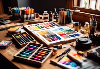 array creative typography tools displayed showcasing various design elements artistic expression, desk, fonts, creativity, letters, inks, markers, brushes