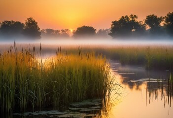 serene sunrise illuminating misty wetlands golden light dew kissed vegetation, dawn, morning, glow, fog, reflection, water, landscape, nature, sky, horizon