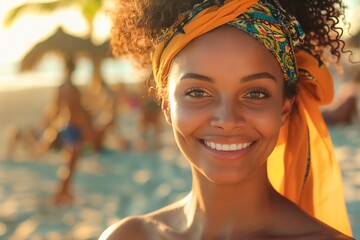 Joyful young woman smiling on beach during golden hour with friends nearby, copyspace for text