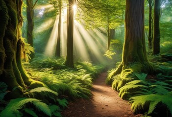 magical enchanted forest sunbeams penetrating through lush greenery towering trees, woods, light, rays, nature, mystical, leaves, foliage, canopy, glow